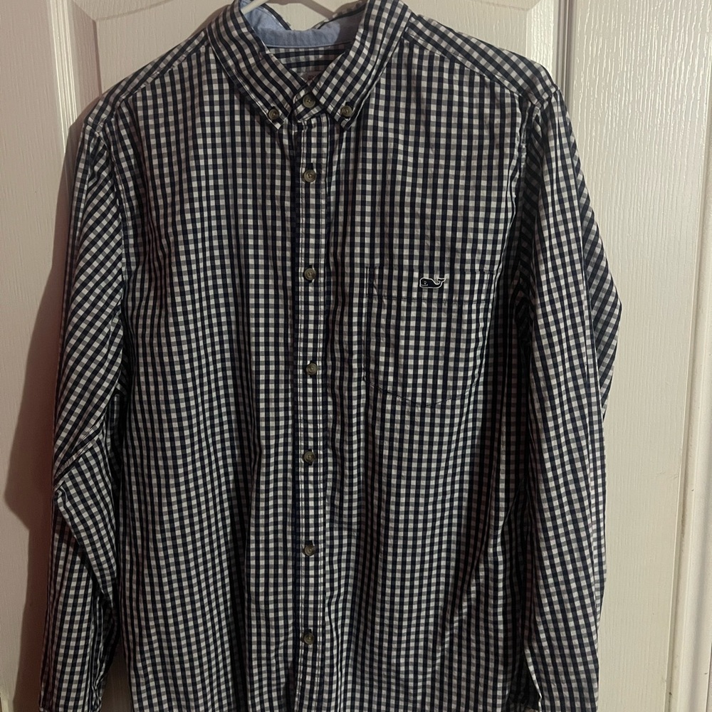 Vineyard Vines Men's Navy and White Gingham Shirt